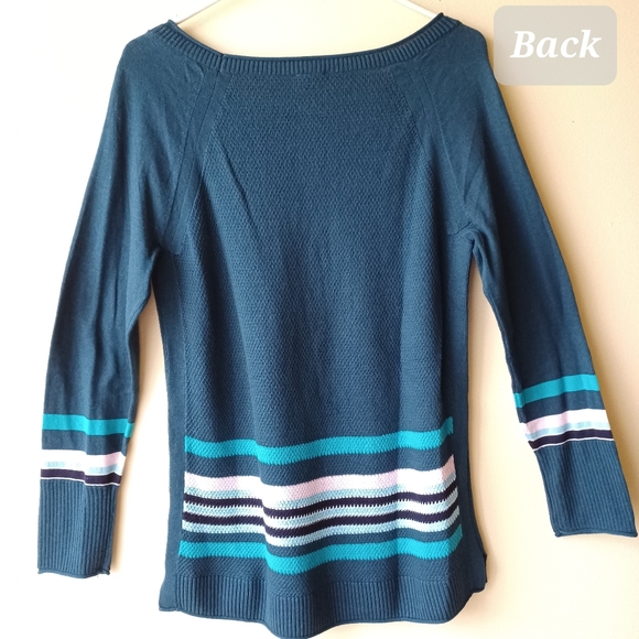 T by Talbots Deep Teal Waffle Knit Stripe Detail Jewel Neck Tunic Sweater - Picture 2 of 12